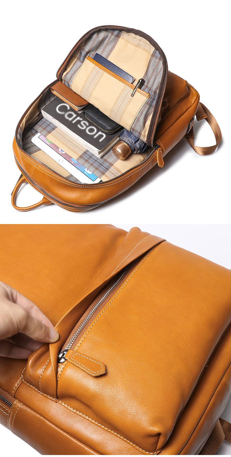 Ergonomic Fashionable Tan Leather Backpack for Daily Travel and Work