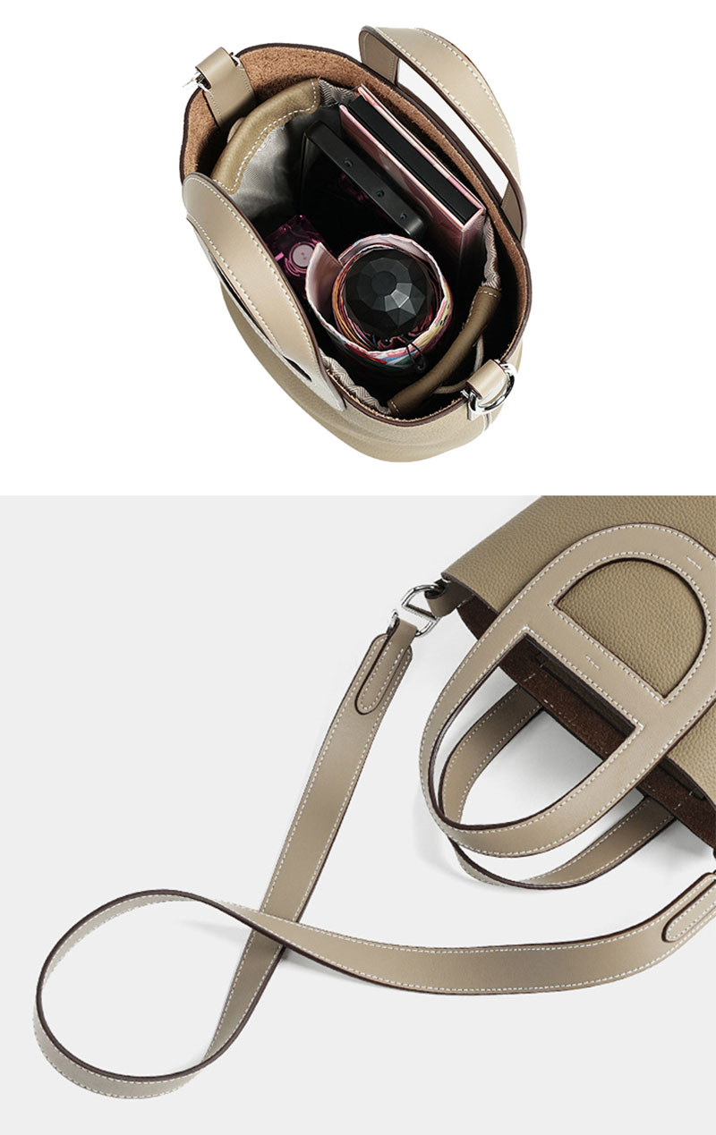 Stylish Cowhide Leather Bucket Bag with Crossbody Strap