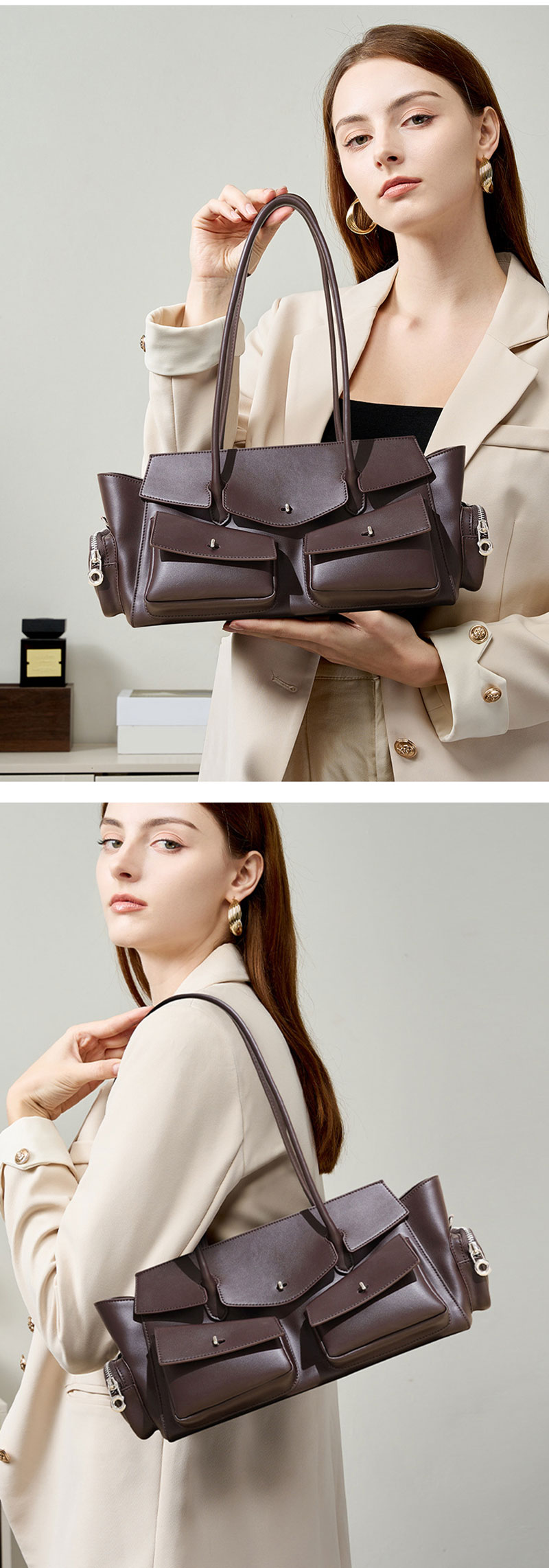 Elegant Vintage Brown Leather Bowling Shoulder Bag for Women