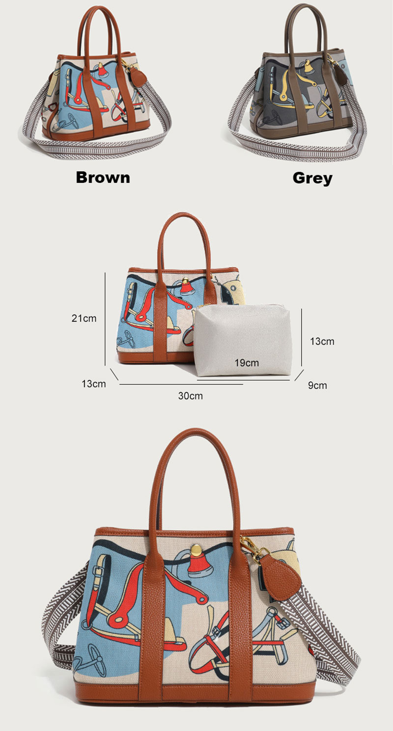 ew Design Canvas Print Tote Bag PU Leather Handbag for Women