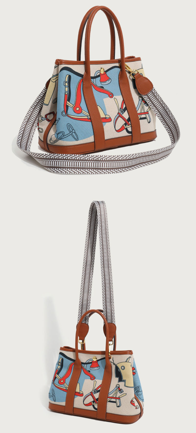 ew Design Canvas Print Tote Bag PU Leather Handbag for Women