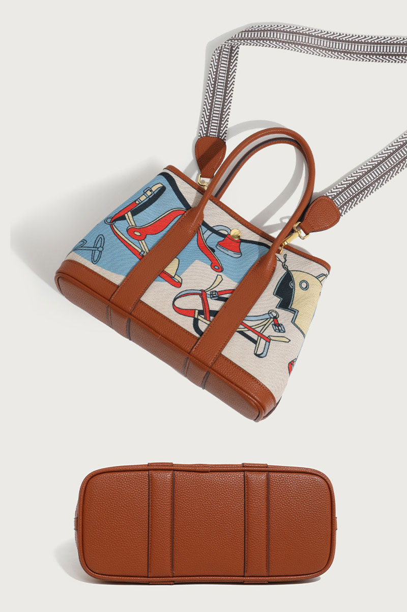 ew Design Canvas Print Tote Bag PU Leather Handbag for Women