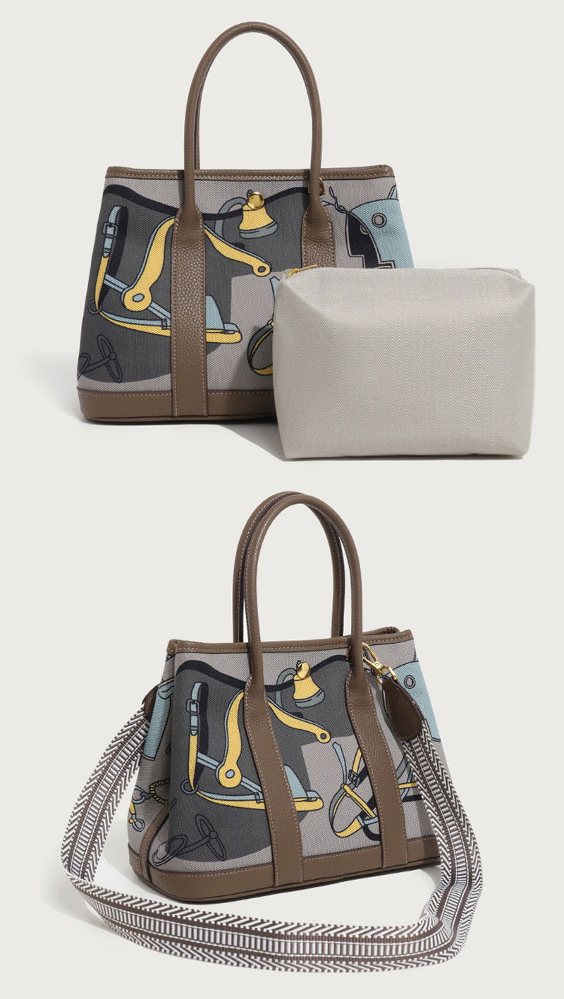 ew Design Canvas Print Tote Bag PU Leather Handbag for Women