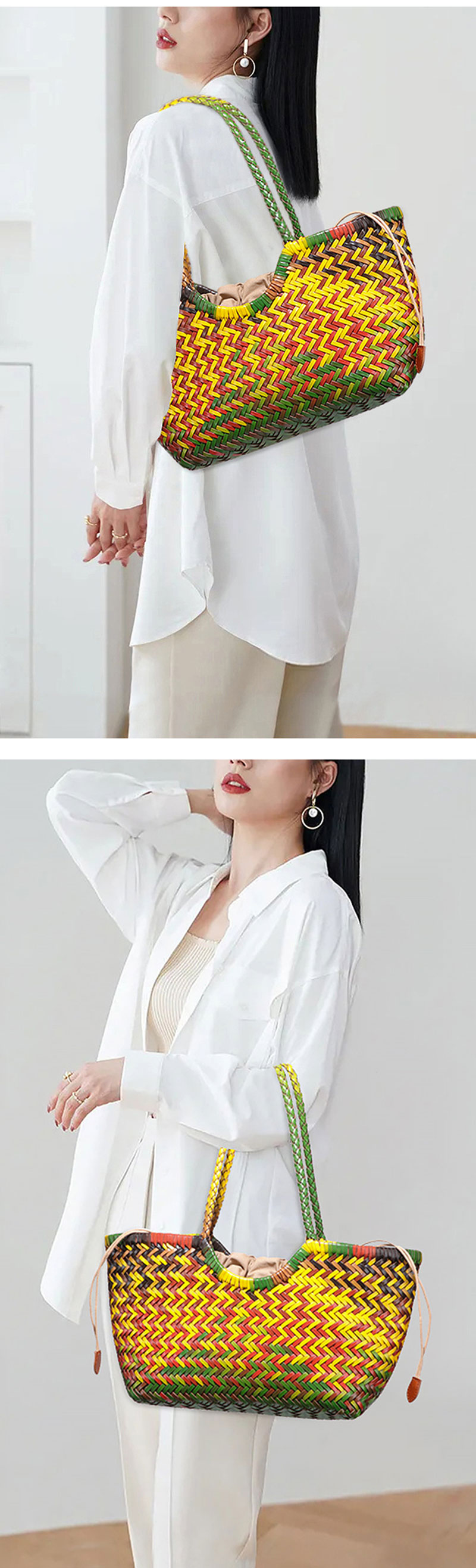 Stylish Large Capacity Cowhide Leather Woven Tote Bag for Women