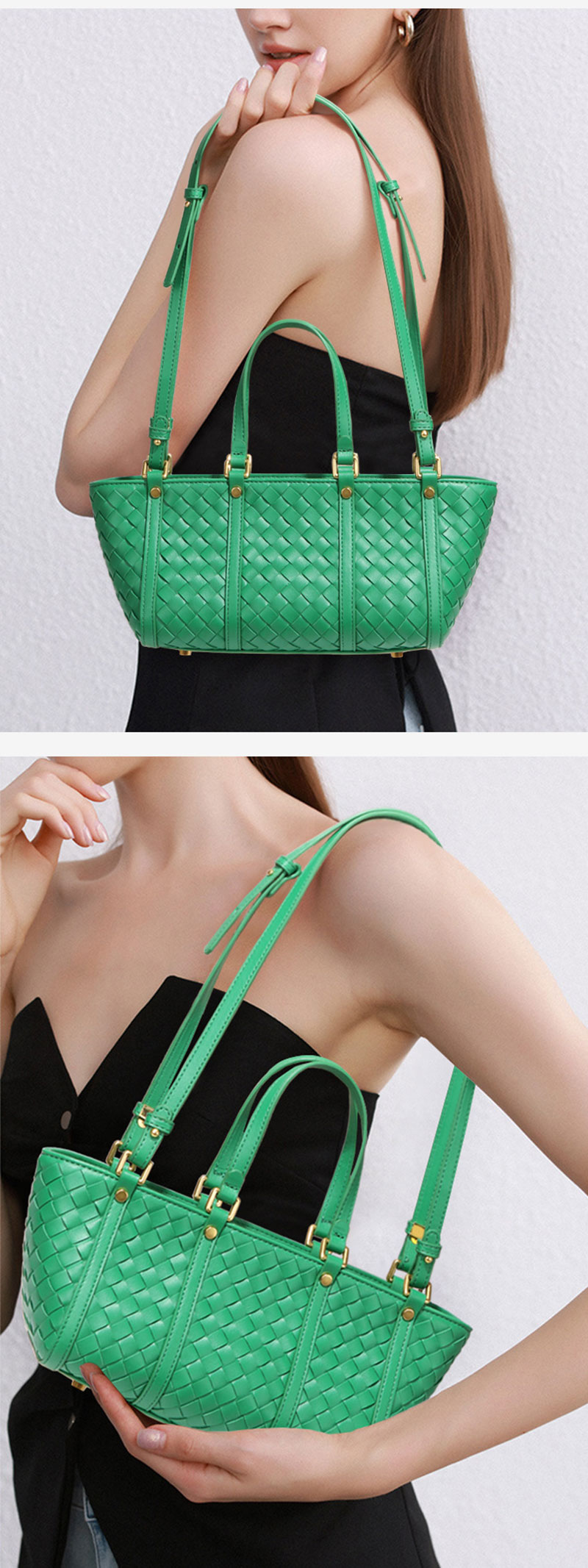 Chic Green Woven PU Leather Handbag for Women