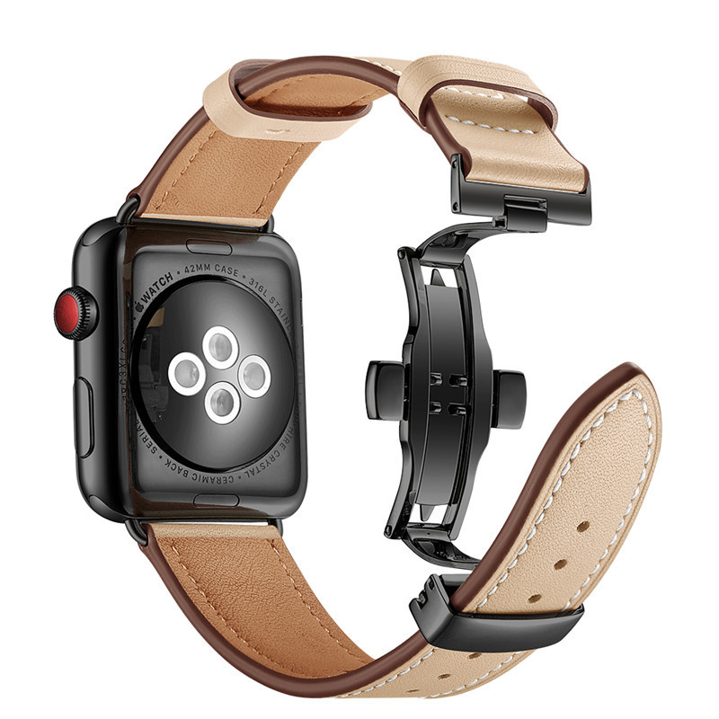 Hot selling genuine leather smart watch strap apple watch band with butterfly clasp 42mm