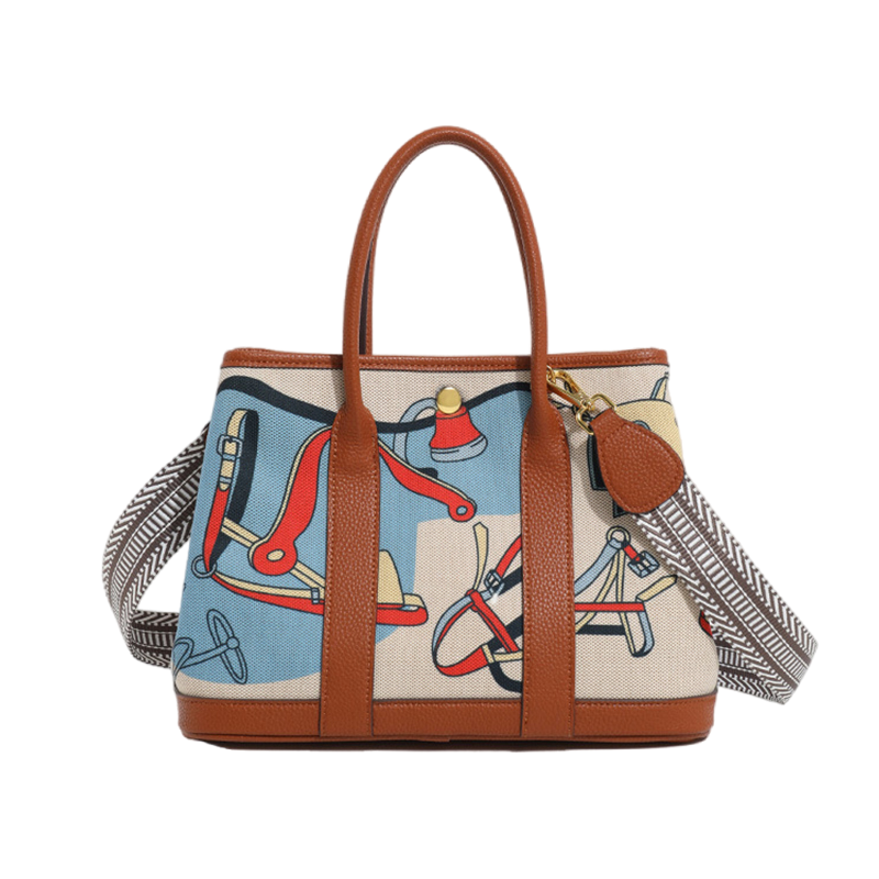 New Design Canvas Print Tote Bag PU Leather Handbag for Women